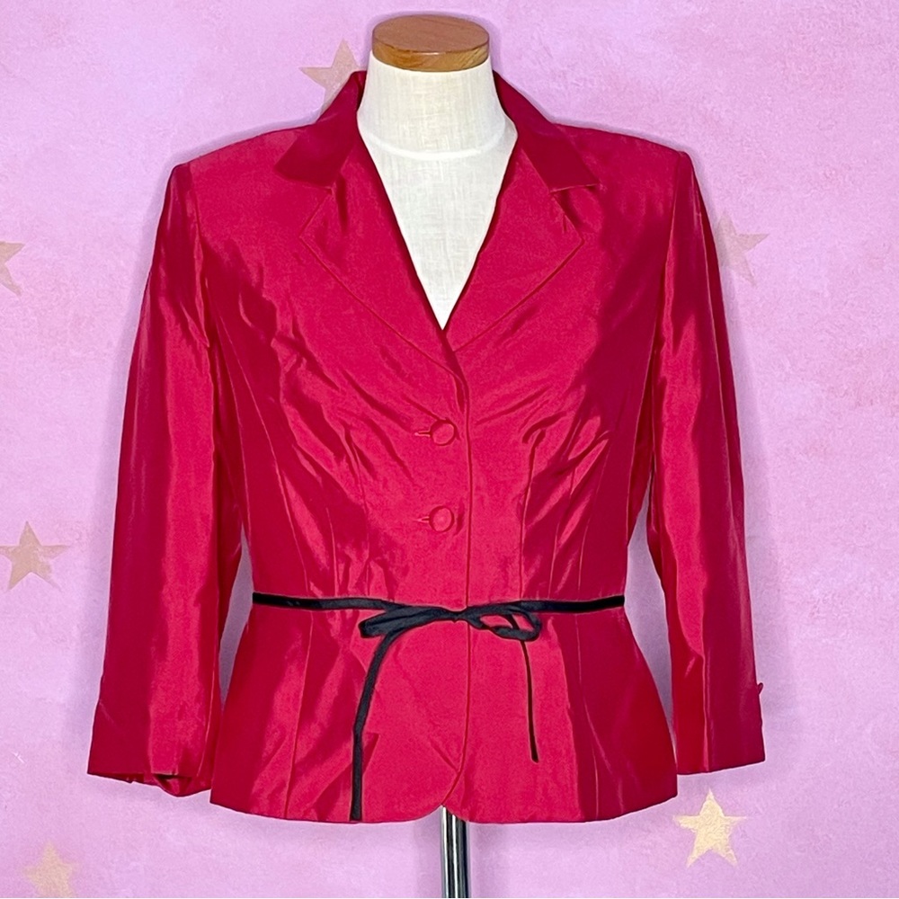 Kay Unger 100% Silk Red Fitted Blazer Jacket Black Tie Belt Women’s Size 8